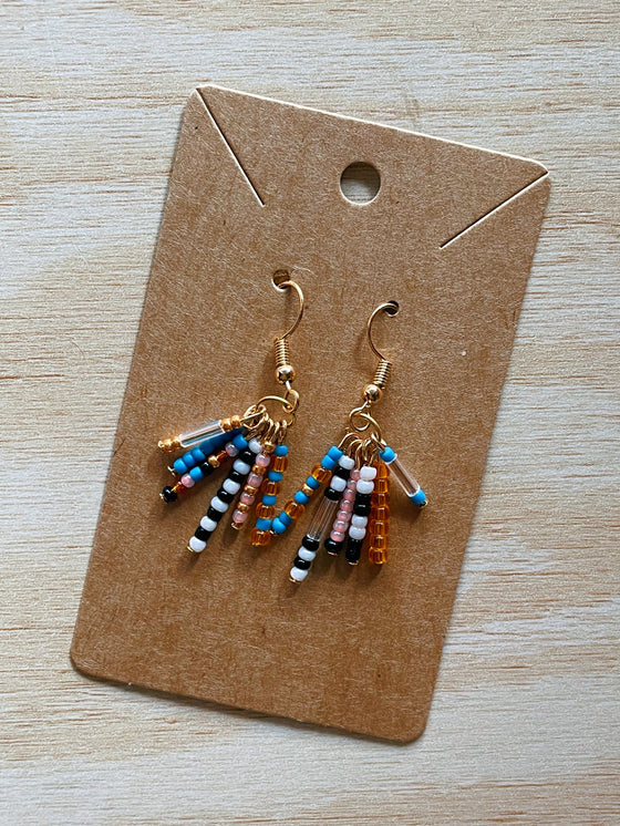 Hand Beaded Earrings - One of a Kind (black, white, gold, blue & pink)