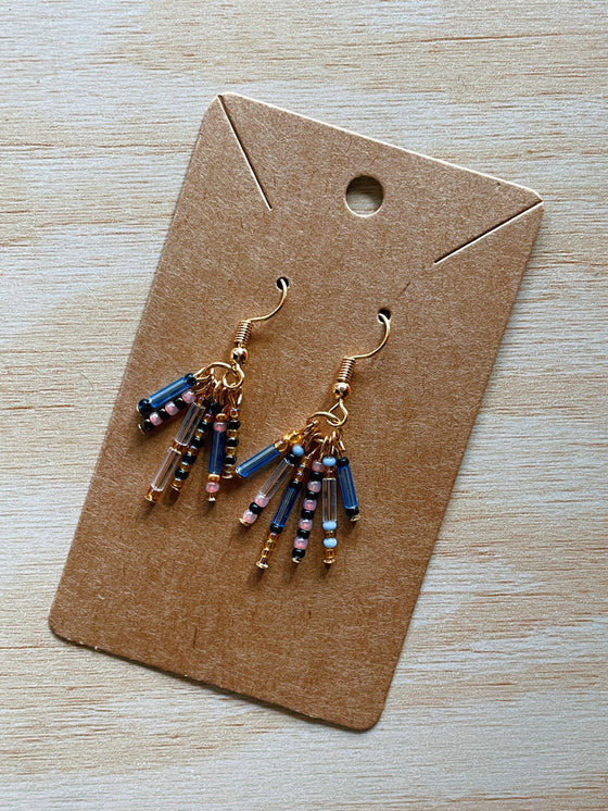 Hand Beaded Earrings - One of a Kind (Navy, pink, periwinkle & gold)